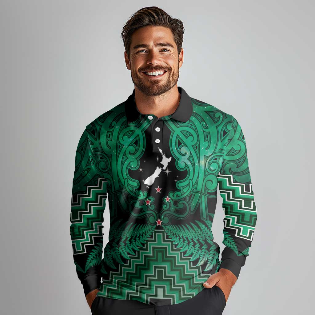 Personalised Aotearoa Matariki Long Sleeve Polo Shirt Green Fern Maori Poutama