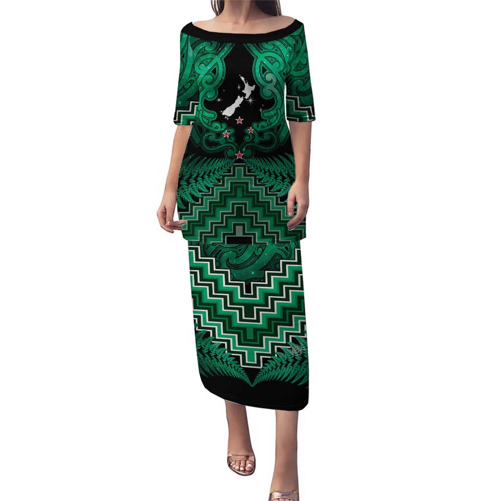 Personalised Aotearoa Matariki Puletasi Green Fern Maori Poutama LT01 Long Dress Green - Polynesian Pride