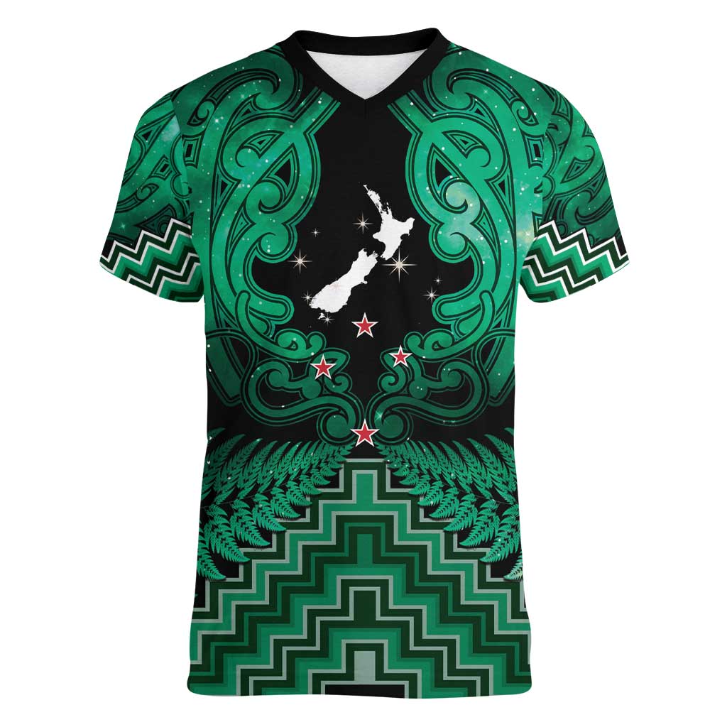 Personalised Aotearoa Matariki Women V-Neck T-Shirt Green Fern Maori Poutama