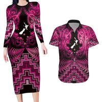 Personalised Aotearoa Matariki Couples Matching Long Sleeve Bodycon Dress and Hawaiian Shirt Pink Fern Maori Poutama LT01 Pink - Polynesian Pride