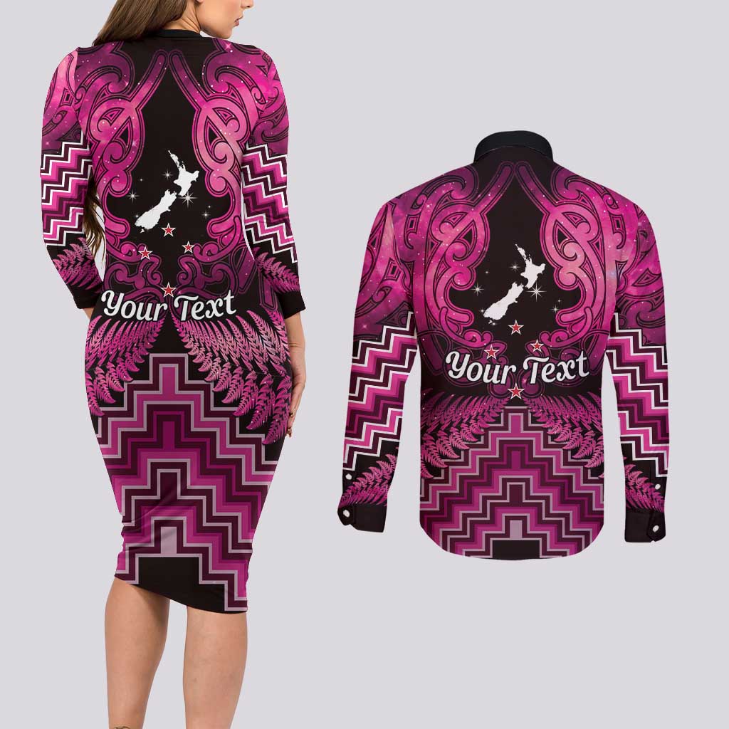 Personalised Aotearoa Matariki Couples Matching Long Sleeve Bodycon Dress and Long Sleeve Button Shirt Pink Fern Maori Poutama LT01 - Polynesian Pride