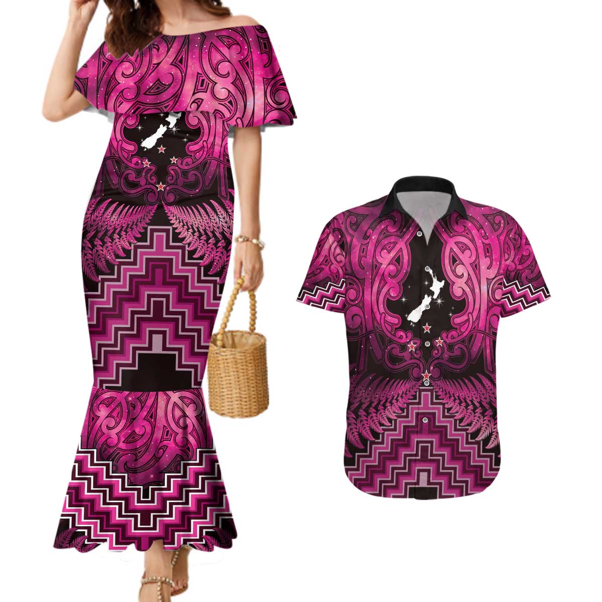 Personalised Aotearoa Matariki Couples Matching Mermaid Dress and Hawaiian Shirt Pink Fern Maori Poutama