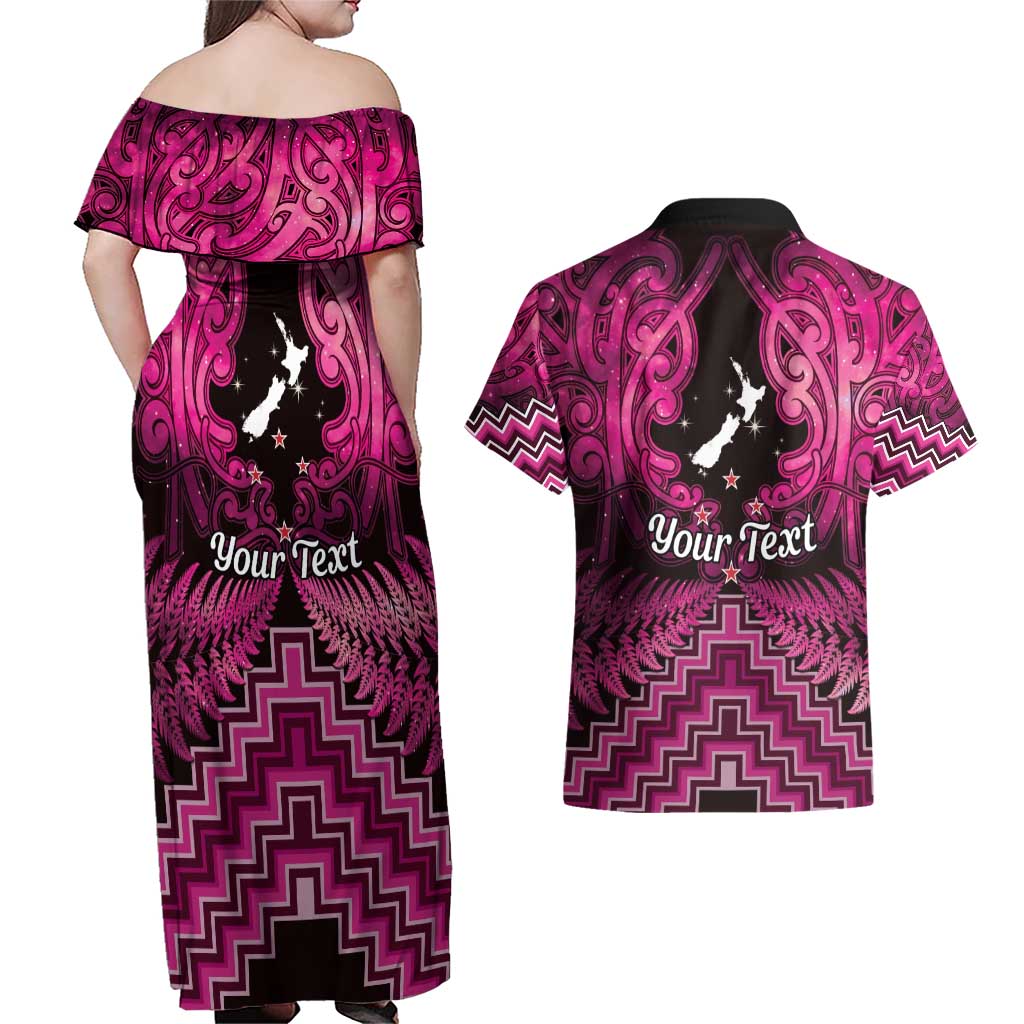 Personalised Aotearoa Matariki Couples Matching Off Shoulder Maxi Dress and Hawaiian Shirt Pink Fern Maori Poutama LT01 - Polynesian Pride