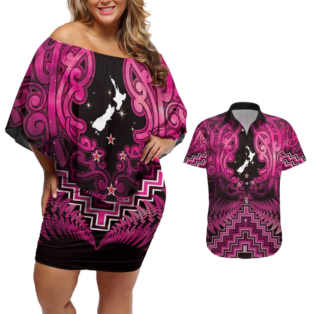 Personalised Aotearoa Matariki Couples Matching Off Shoulder Short Dress and Hawaiian Shirt Pink Fern Maori Poutama LT01 Pink - Polynesian Pride