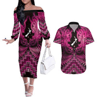 Personalised Aotearoa Matariki Couples Matching Off The Shoulder Long Sleeve Dress and Hawaiian Shirt Pink Fern Maori Poutama LT01 Pink - Polynesian Pride
