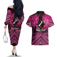 Personalised Aotearoa Matariki Couples Matching Off The Shoulder Long Sleeve Dress and Hawaiian Shirt Pink Fern Maori Poutama LT01 - Polynesian Pride