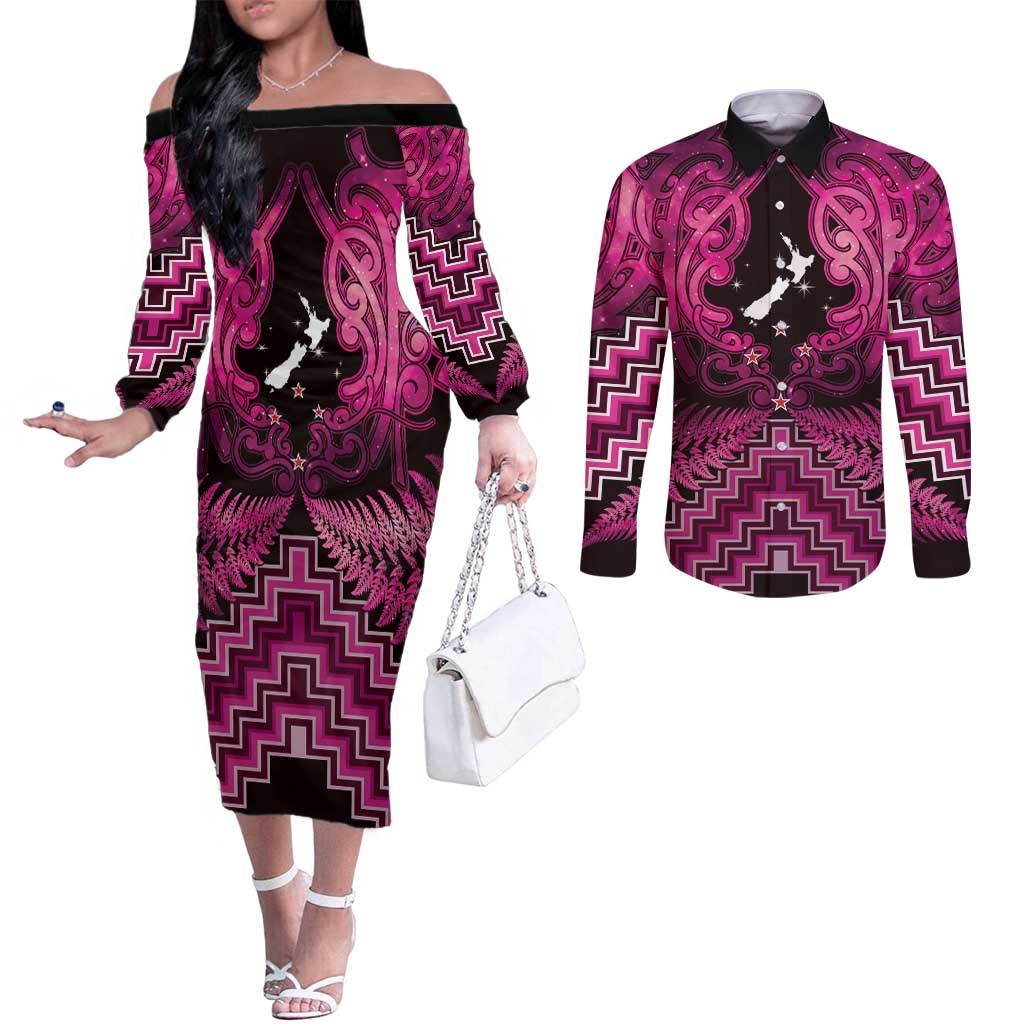 Personalised Aotearoa Matariki Couples Matching Off The Shoulder Long Sleeve Dress and Long Sleeve Button Shirt Pink Fern Maori Poutama LT01 Pink - Polynesian Pride