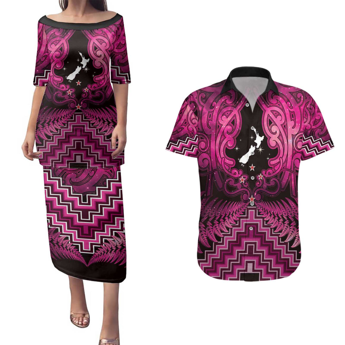 Personalised Aotearoa Matariki Couples Matching Puletasi and Hawaiian Shirt Pink Fern Maori Poutama