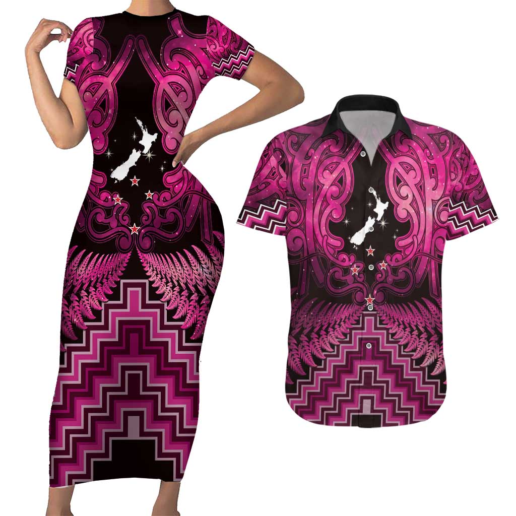 Personalised Aotearoa Matariki Couples Matching Short Sleeve Bodycon Dress and Hawaiian Shirt Pink Fern Maori Poutama LT01 Pink - Polynesian Pride
