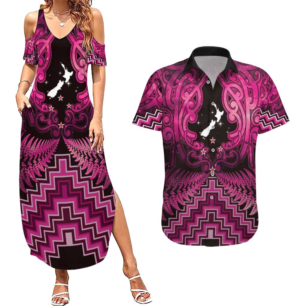 Personalised Aotearoa Matariki Couples Matching Summer Maxi Dress and Hawaiian Shirt Pink Fern Maori Poutama LT01 Pink - Polynesian Pride