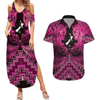 Personalised Aotearoa Matariki Couples Matching Summer Maxi Dress and Hawaiian Shirt Pink Fern Maori Poutama LT01 Pink - Polynesian Pride