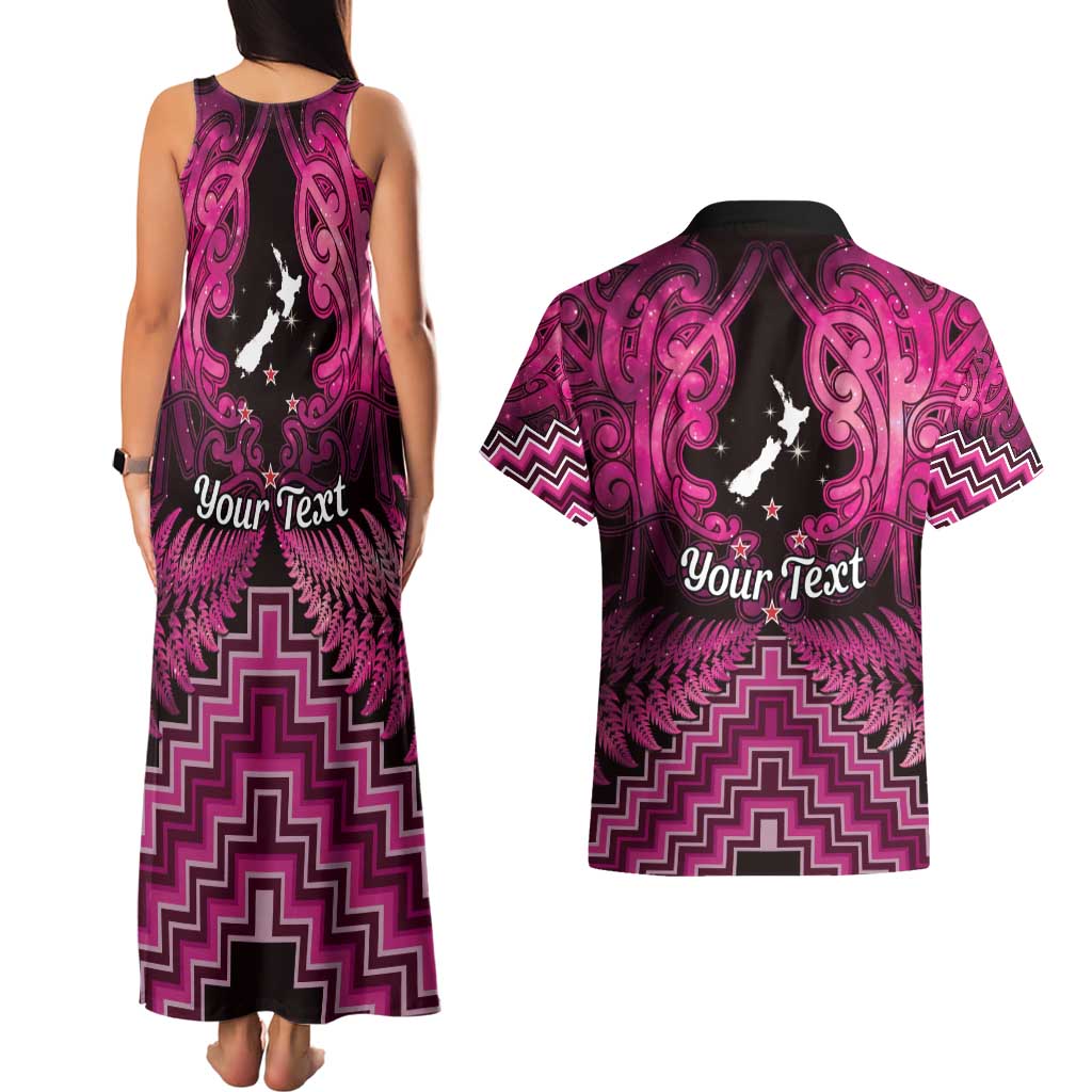 Personalised Aotearoa Matariki Couples Matching Tank Maxi Dress and Hawaiian Shirt Pink Fern Maori Poutama LT01 - Polynesian Pride