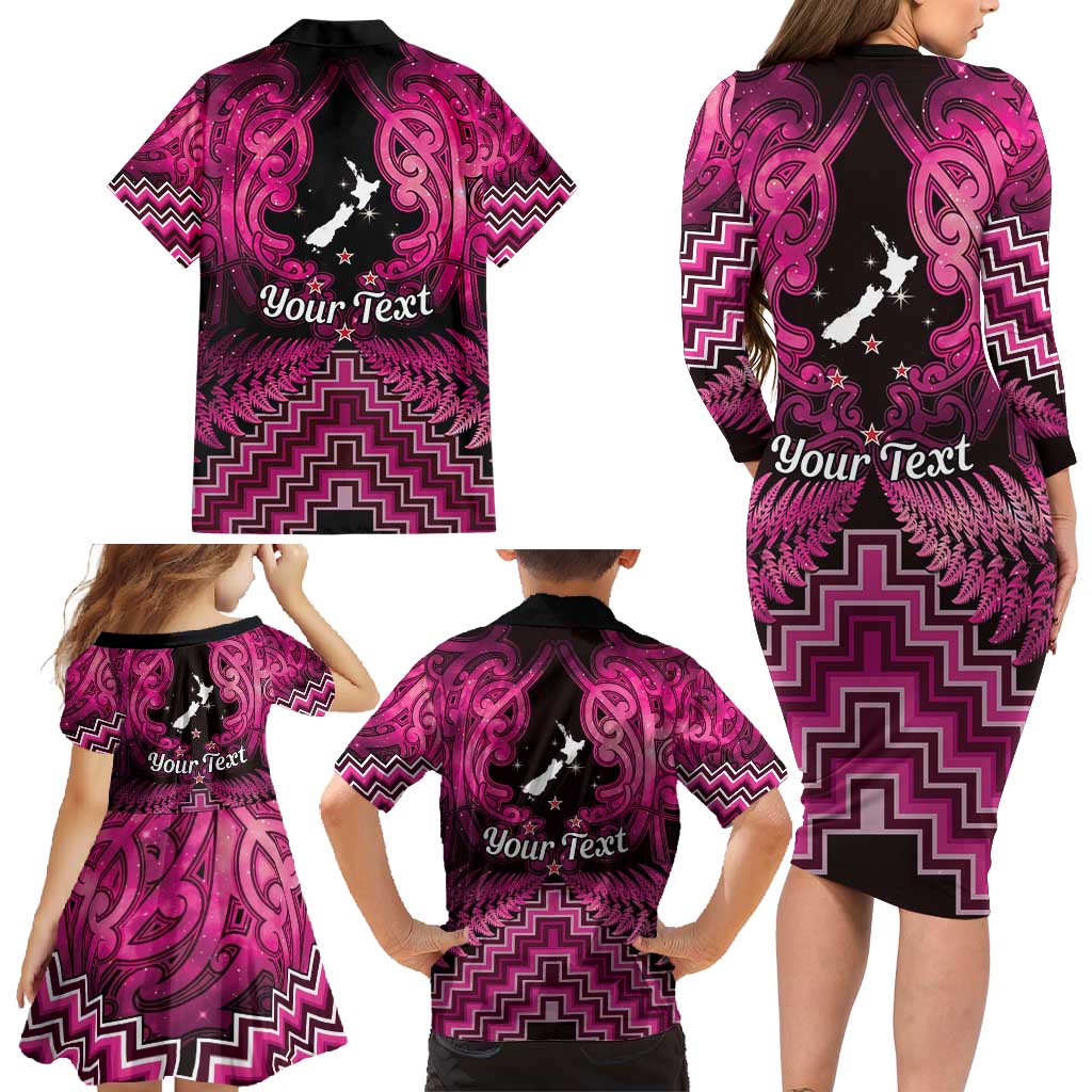 Personalised Aotearoa Matariki Family Matching Long Sleeve Bodycon Dress and Hawaiian Shirt Pink Fern Maori Poutama LT01 - Polynesian Pride