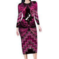 Personalised Aotearoa Matariki Family Matching Long Sleeve Bodycon Dress and Hawaiian Shirt Pink Fern Maori Poutama LT01 Mom's Dress Pink - Polynesian Pride