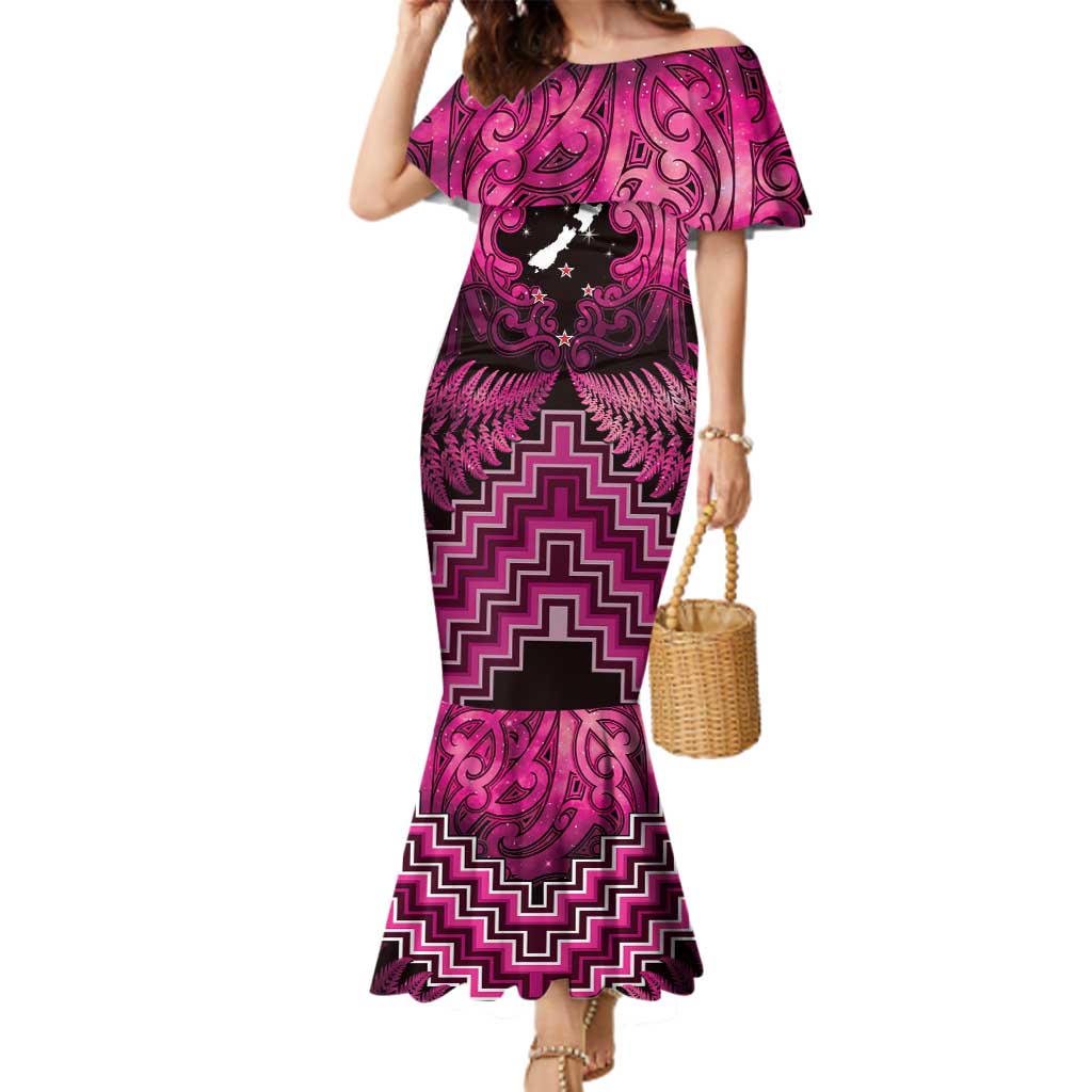 Personalised Aotearoa Matariki Family Matching Mermaid Dress and Hawaiian Shirt Pink Fern Maori Poutama LT01 Mom's Dress Pink - Polynesian Pride