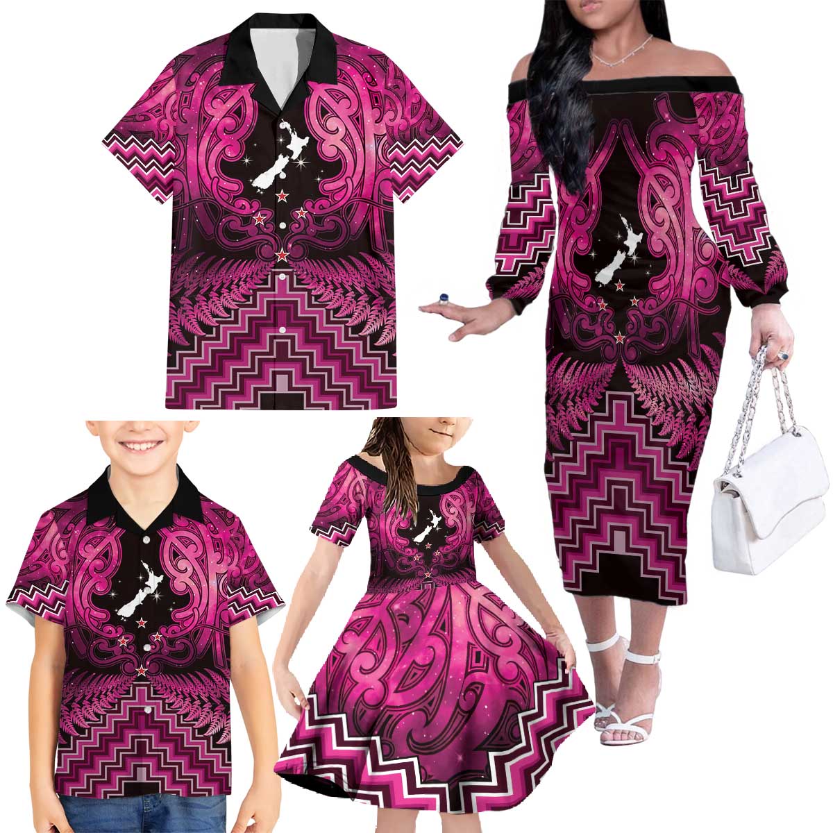Personalised Aotearoa Matariki Family Matching Off The Shoulder Long Sleeve Dress and Hawaiian Shirt Pink Fern Maori Poutama LT01 - Polynesian Pride