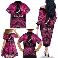 Personalised Aotearoa Matariki Family Matching Off The Shoulder Long Sleeve Dress and Hawaiian Shirt Pink Fern Maori Poutama LT01 - Polynesian Pride
