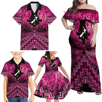 Personalised Aotearoa Matariki Family Matching Off Shoulder Maxi Dress and Hawaiian Shirt Pink Fern Maori Poutama LT01 - Polynesian Pride