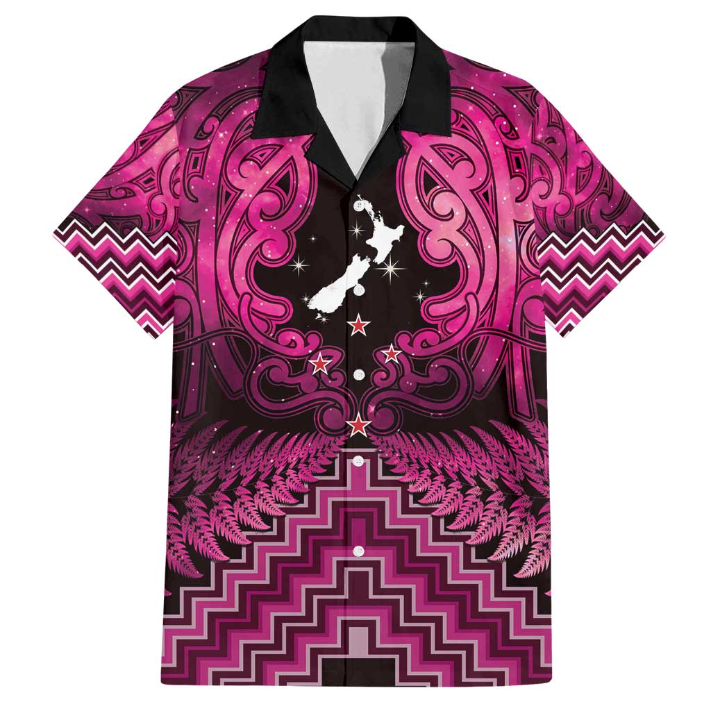Personalised Aotearoa Matariki Family Matching Off Shoulder Maxi Dress and Hawaiian Shirt Pink Fern Maori Poutama LT01 Dad's Shirt - Short Sleeve Pink - Polynesian Pride