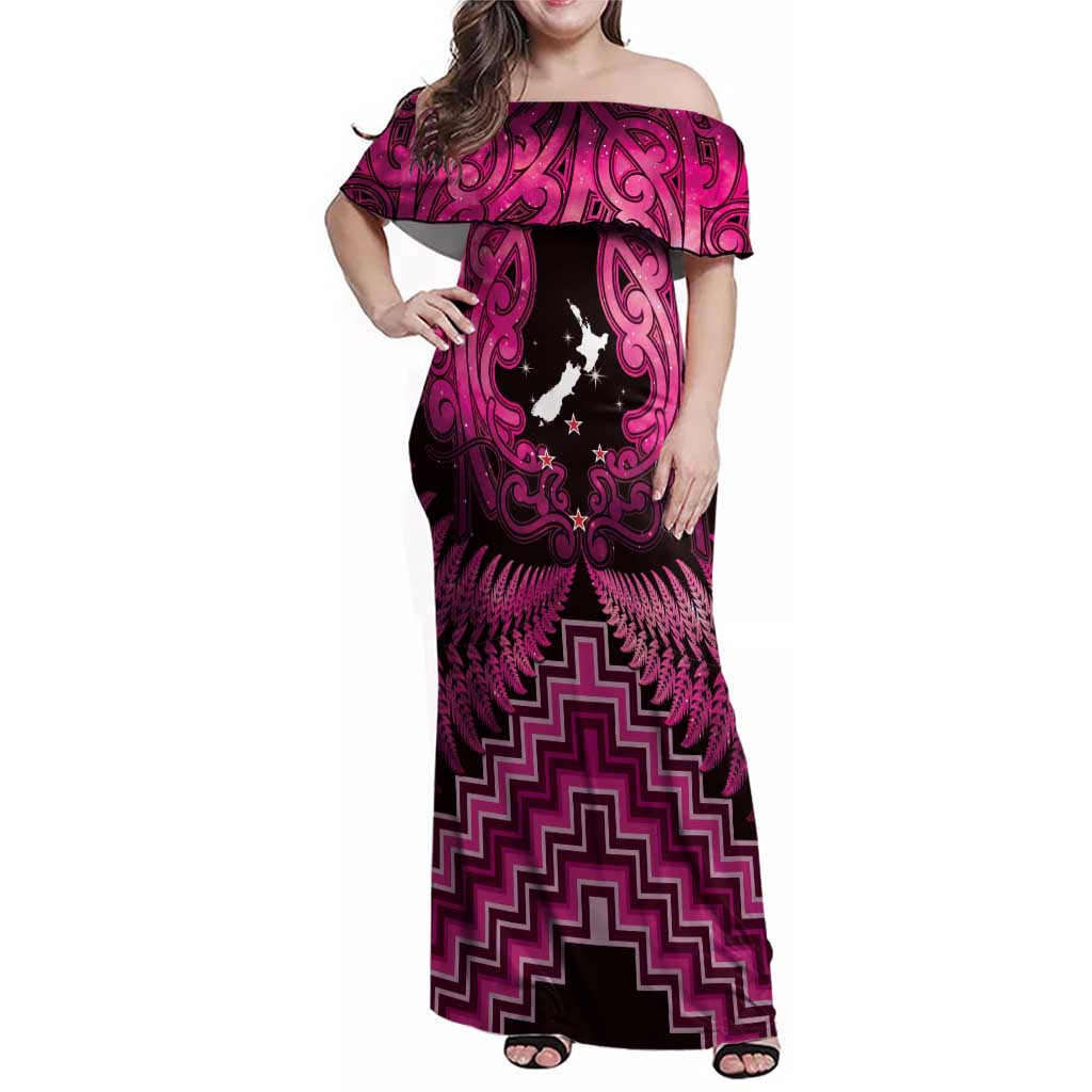 Personalised Aotearoa Matariki Family Matching Off Shoulder Maxi Dress and Hawaiian Shirt Pink Fern Maori Poutama LT01 Mom's Dress Pink - Polynesian Pride