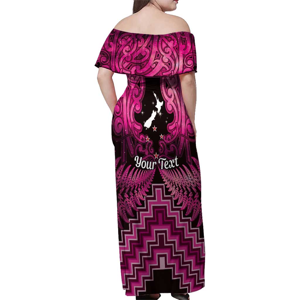 Personalised Aotearoa Matariki Family Matching Off Shoulder Maxi Dress and Hawaiian Shirt Pink Fern Maori Poutama LT01 - Polynesian Pride