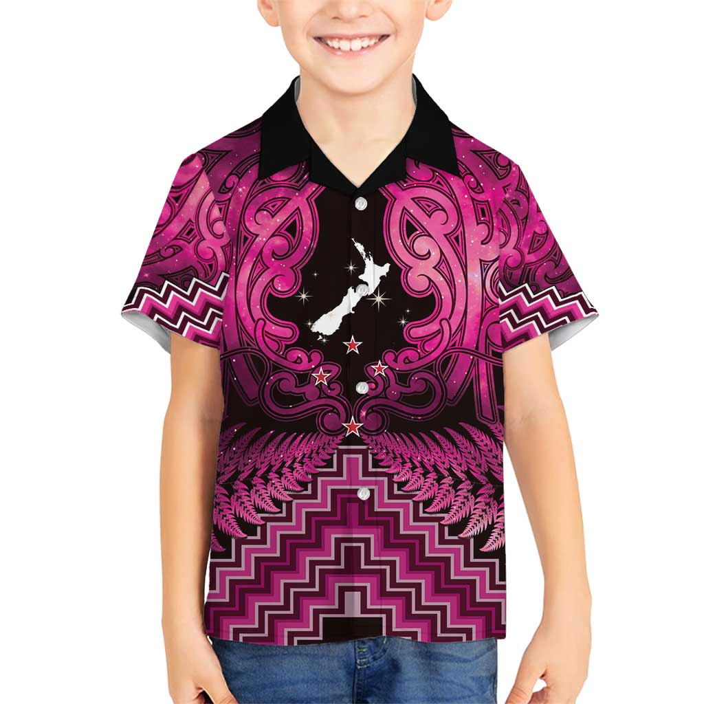 Personalised Aotearoa Matariki Family Matching Off Shoulder Maxi Dress and Hawaiian Shirt Pink Fern Maori Poutama LT01 Son's Shirt Pink - Polynesian Pride