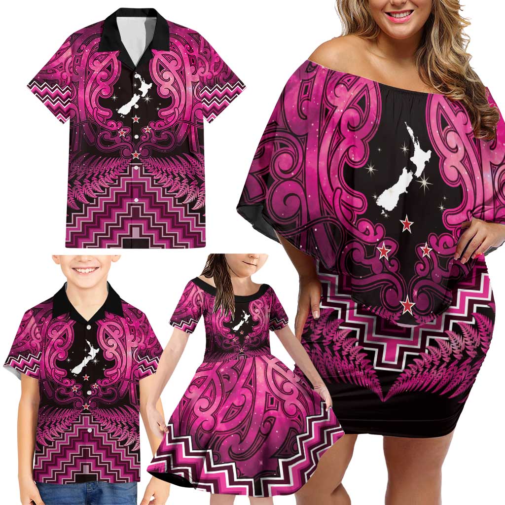 Personalised Aotearoa Matariki Family Matching Off Shoulder Short Dress and Hawaiian Shirt Pink Fern Maori Poutama LT01 - Polynesian Pride
