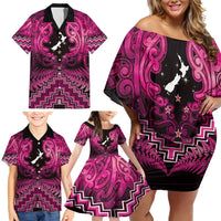 Personalised Aotearoa Matariki Family Matching Off Shoulder Short Dress and Hawaiian Shirt Pink Fern Maori Poutama LT01 - Polynesian Pride