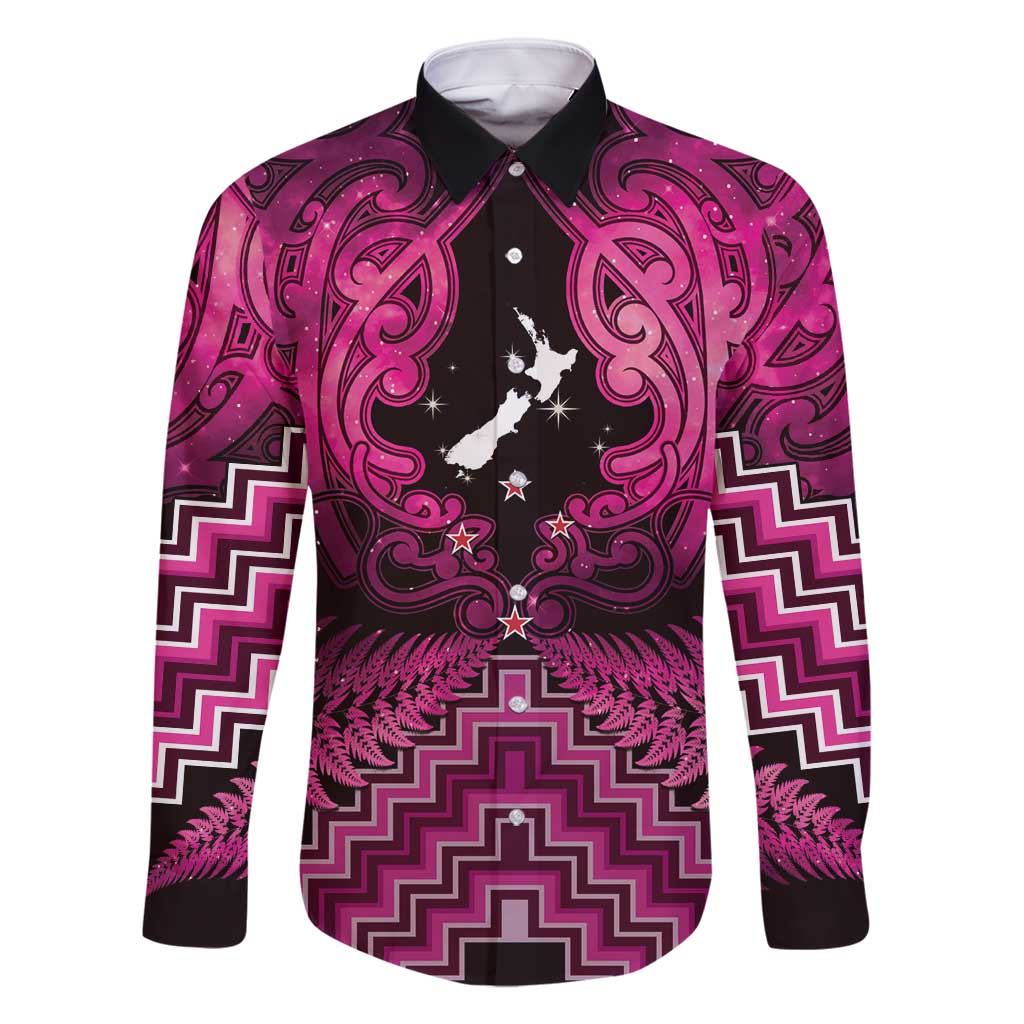 Personalised Aotearoa Matariki Family Matching Off Shoulder Short Dress and Hawaiian Shirt Pink Fern Maori Poutama LT01 Dad's Shirt - Long Sleeve Pink - Polynesian Pride
