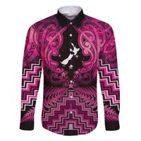 Personalised Aotearoa Matariki Family Matching Off Shoulder Short Dress and Hawaiian Shirt Pink Fern Maori Poutama LT01 Dad's Shirt - Long Sleeve Pink - Polynesian Pride