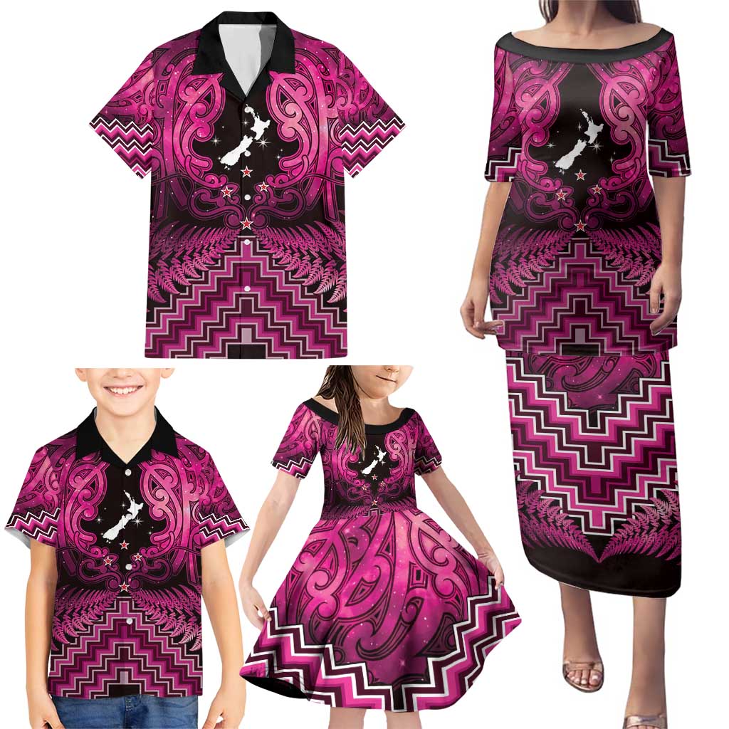Personalised Aotearoa Matariki Family Matching Puletasi and Hawaiian Shirt Pink Fern Maori Poutama LT01 - Polynesian Pride