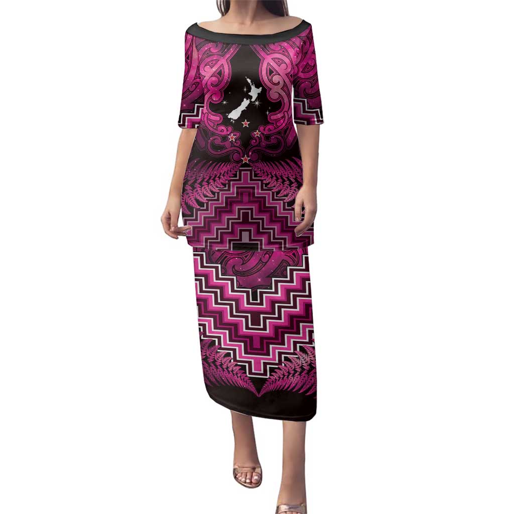 Personalised Aotearoa Matariki Family Matching Puletasi and Hawaiian Shirt Pink Fern Maori Poutama LT01 Mom's Dress Pink - Polynesian Pride