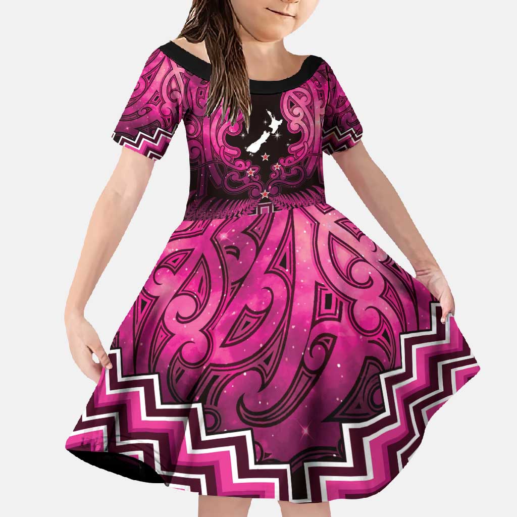 Personalised Aotearoa Matariki Family Matching Short Sleeve Bodycon Dress and Hawaiian Shirt Pink Fern Maori Poutama LT01 Daughter's Dress Pink - Polynesian Pride
