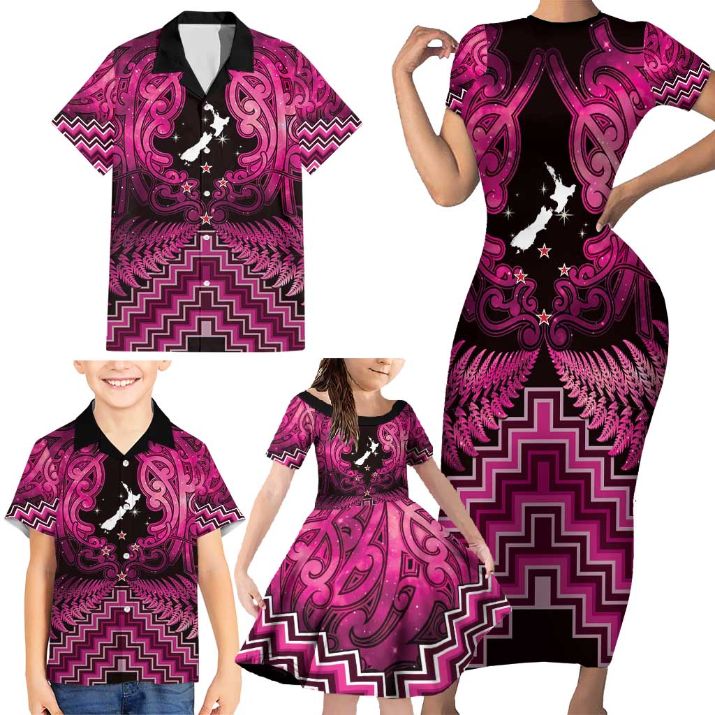 Personalised Aotearoa Matariki Family Matching Short Sleeve Bodycon Dress and Hawaiian Shirt Pink Fern Maori Poutama LT01 - Polynesian Pride