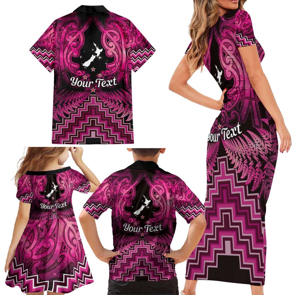 Personalised Aotearoa Matariki Family Matching Short Sleeve Bodycon Dress and Hawaiian Shirt Pink Fern Maori Poutama LT01 - Polynesian Pride