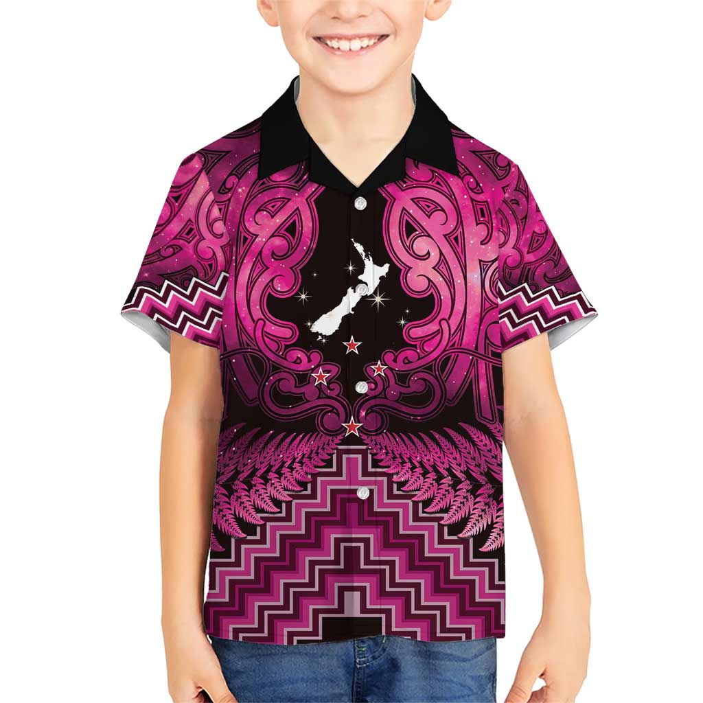 Personalised Aotearoa Matariki Family Matching Short Sleeve Bodycon Dress and Hawaiian Shirt Pink Fern Maori Poutama LT01 Son's Shirt Pink - Polynesian Pride