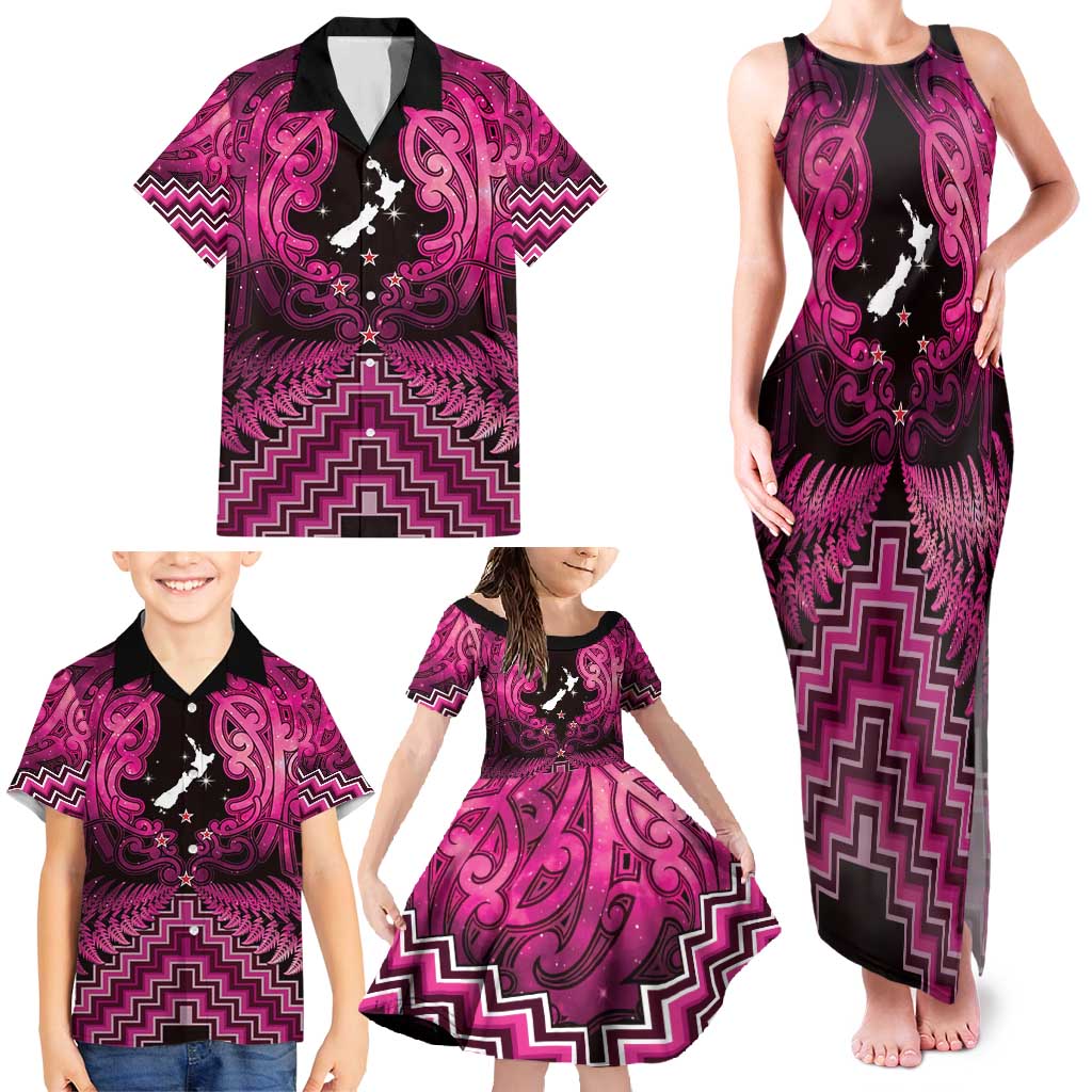 Personalised Aotearoa Matariki Family Matching Tank Maxi Dress and Hawaiian Shirt Pink Fern Maori Poutama LT01 - Polynesian Pride