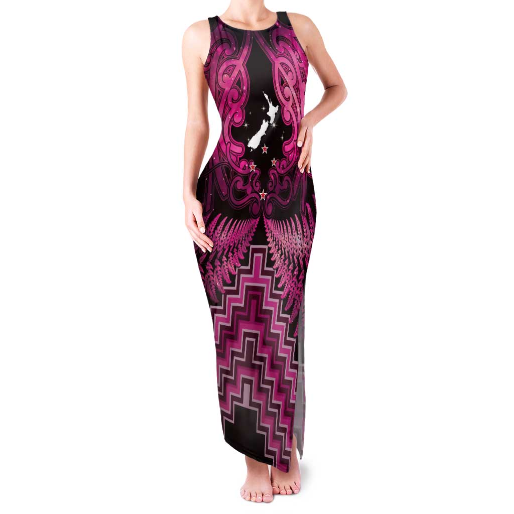 Personalised Aotearoa Matariki Family Matching Tank Maxi Dress and Hawaiian Shirt Pink Fern Maori Poutama LT01 Mom's Dress Pink - Polynesian Pride