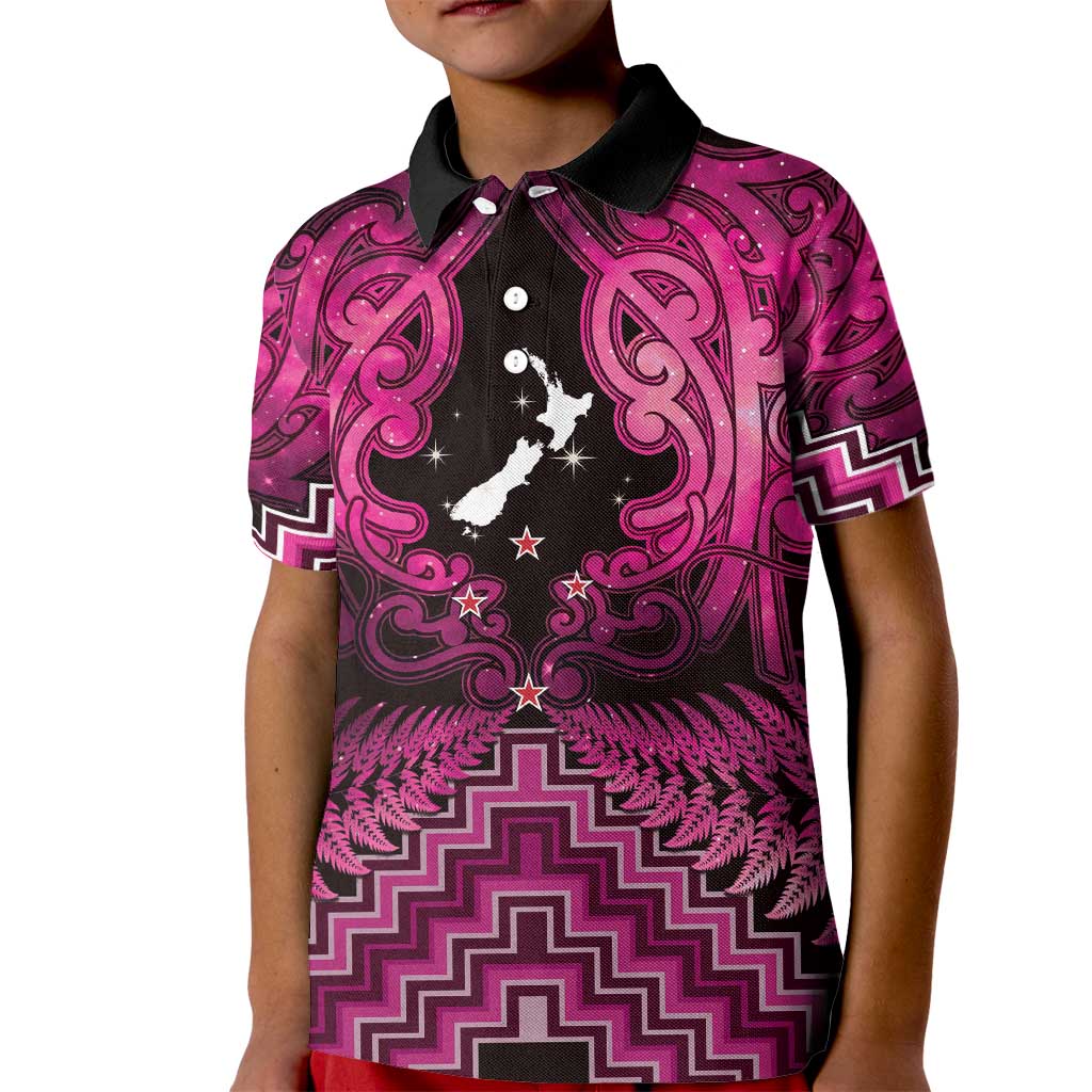 Personalised Aotearoa Matariki Kid Polo Shirt Pink Fern Maori Poutama