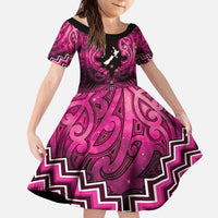 Personalised Aotearoa Matariki Kid Short Sleeve Dress Pink Fern Maori Poutama