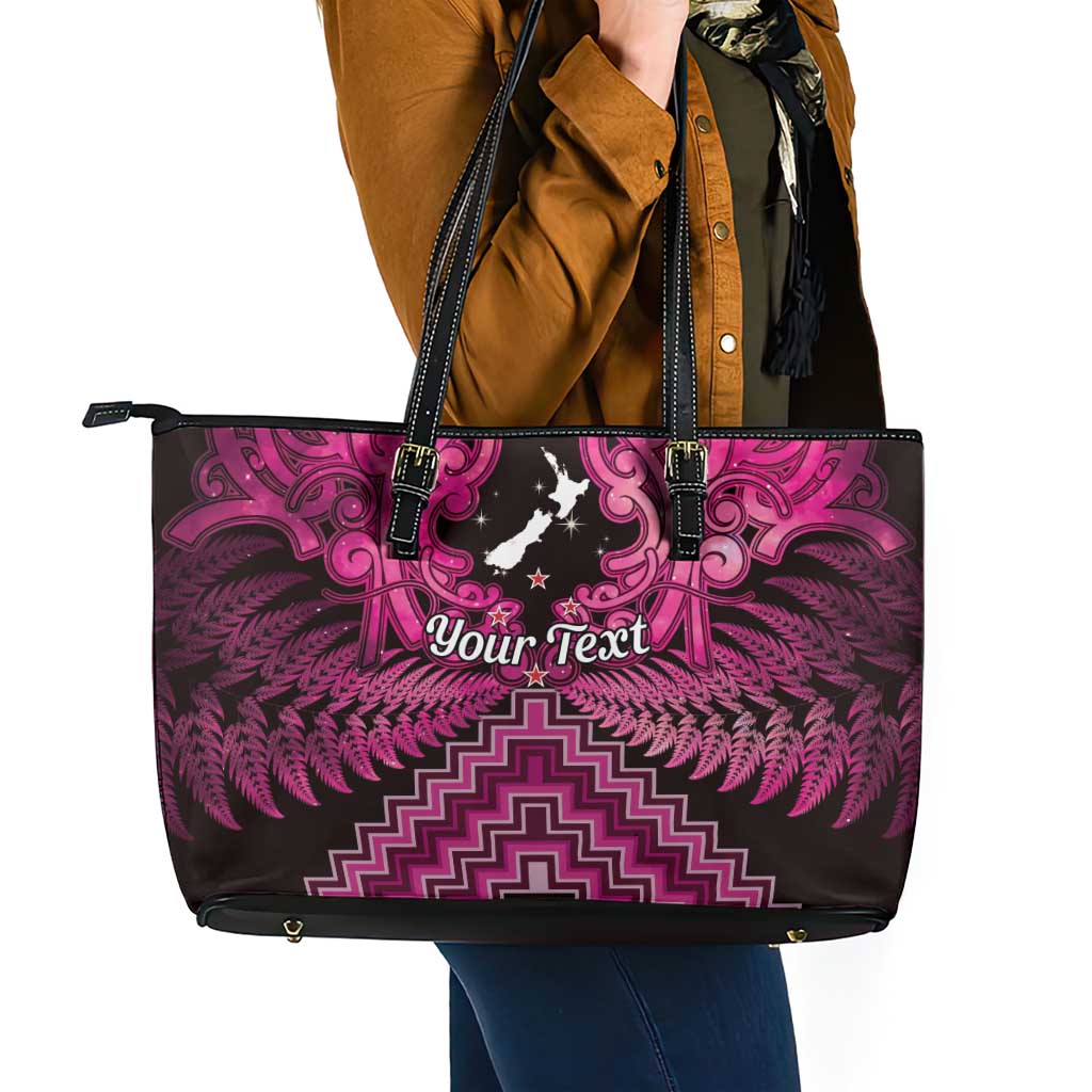 Personalised Aotearoa Matariki Leather Tote Bag Pink Fern Maori Poutama