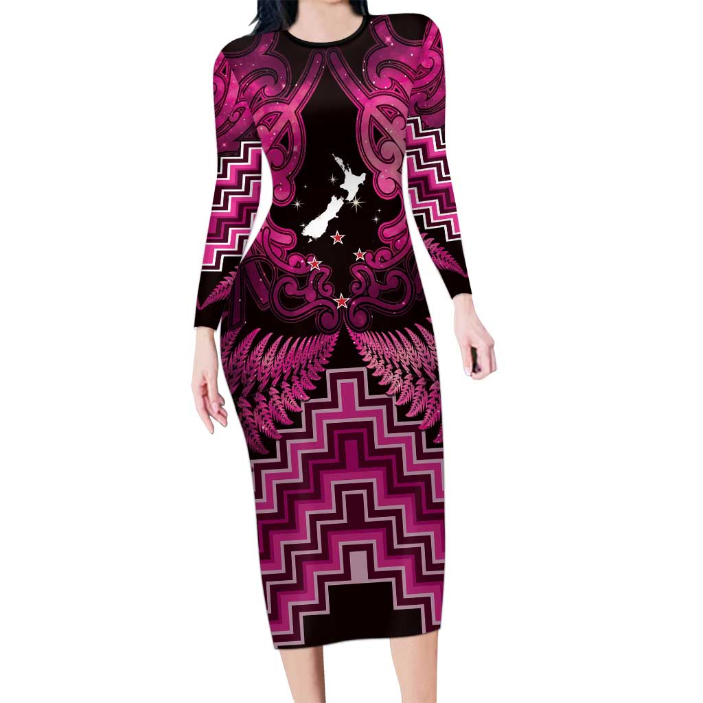 Personalised Aotearoa Matariki Long Sleeve Bodycon Dress Pink Fern Maori Poutama