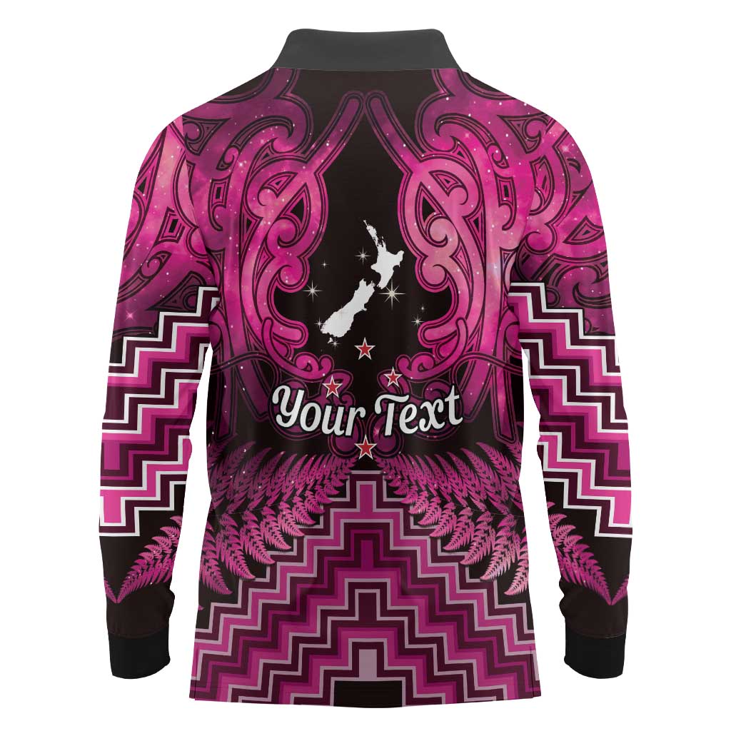 Personalised Aotearoa Matariki Long Sleeve Polo Shirt Pink Fern Maori Poutama