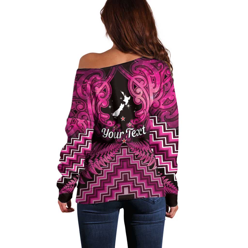 Personalised Aotearoa Matariki Off Shoulder Sweater Pink Fern Maori Poutama