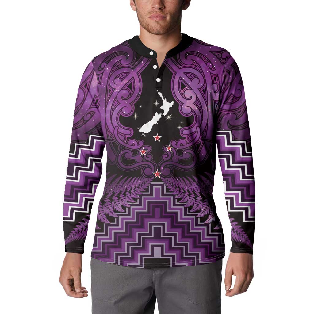 Personalised Aotearoa Matariki Button Sweatshirt Purple Fern Maori Poutama