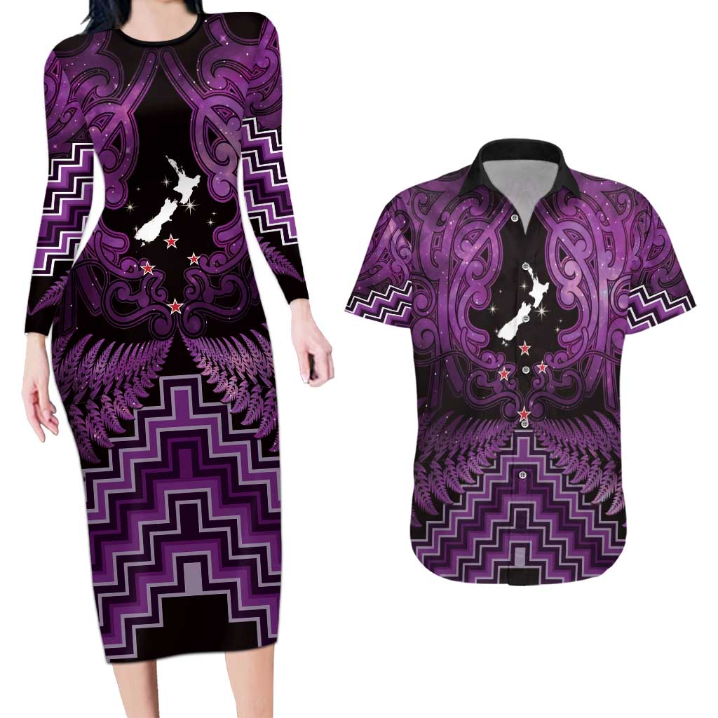 Personalised Aotearoa Matariki Couples Matching Long Sleeve Bodycon Dress and Hawaiian Shirt Purple Fern Maori Poutama LT01 Purple - Polynesian Pride