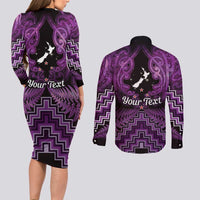 Personalised Aotearoa Matariki Couples Matching Long Sleeve Bodycon Dress and Long Sleeve Button Shirt Purple Fern Maori Poutama LT01 - Polynesian Pride