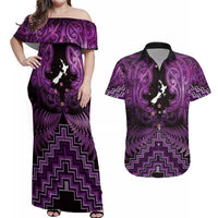 Personalised Aotearoa Matariki Couples Matching Off Shoulder Maxi Dress and Hawaiian Shirt Purple Fern Maori Poutama LT01 Purple - Polynesian Pride