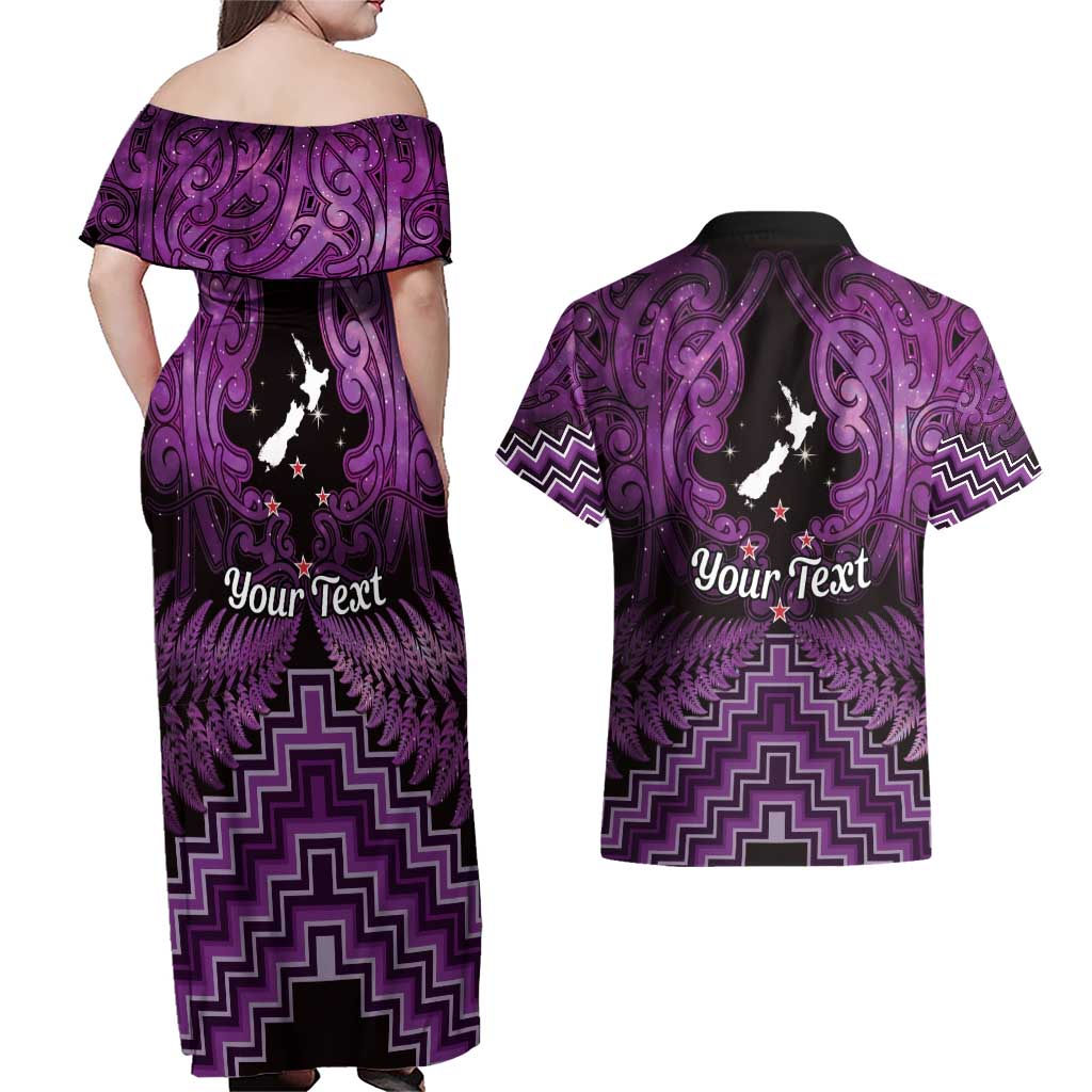 Personalised Aotearoa Matariki Couples Matching Off Shoulder Maxi Dress and Hawaiian Shirt Purple Fern Maori Poutama LT01 - Polynesian Pride