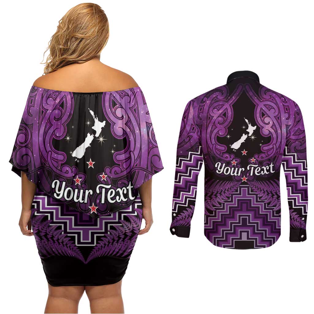 Personalised Aotearoa Matariki Couples Matching Off Shoulder Short Dress and Long Sleeve Button Shirt Purple Fern Maori Poutama LT01 - Polynesian Pride